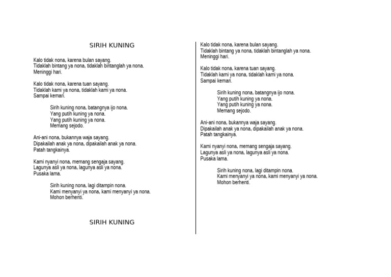 Lirik Lagu Sirih Kuning Tradisional | PDF
