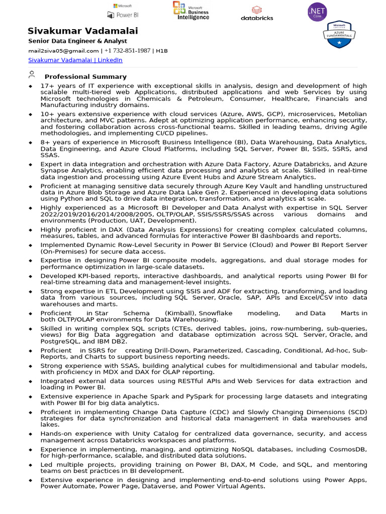 Senior Data Engineer & Analyst Profile | PDF | Microsoft Sql Server ...