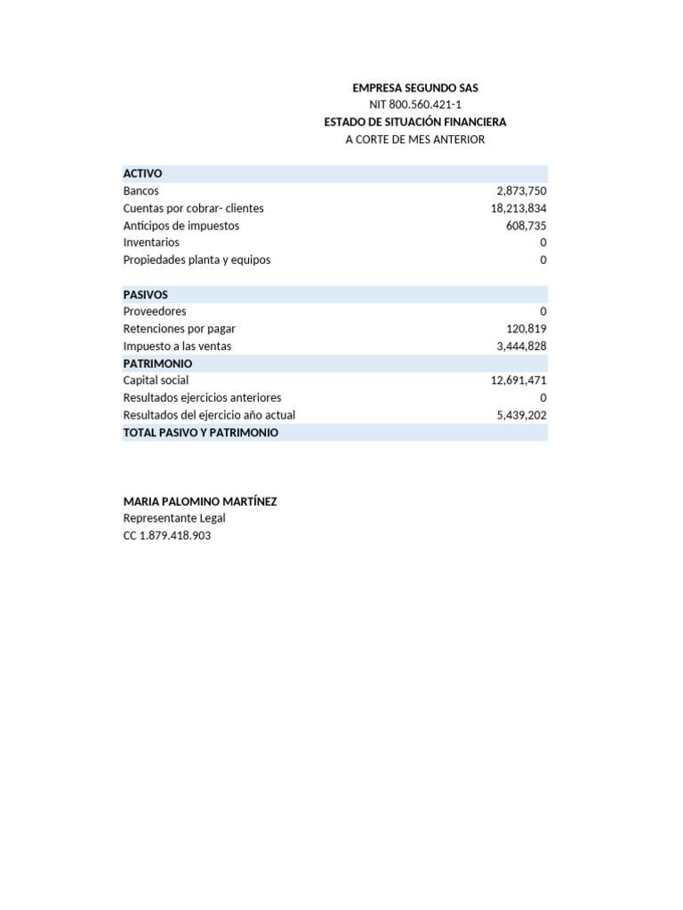Empresa Segundo Sas Estado de Situación Financiera | PDF | Contabilidad ...