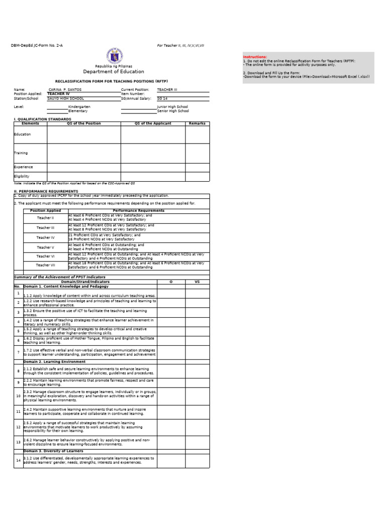 RFTP DepEd Form 2-A for Teacher Reclassification | PDF | Learning ...