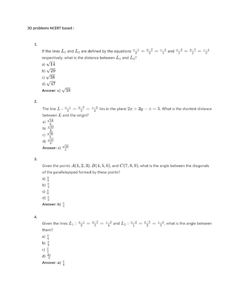 3D Problems NCERT Based | PDF
