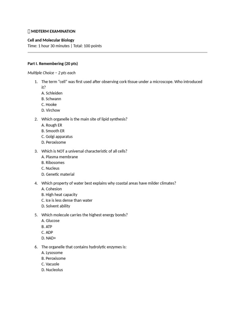 Midterm Examination - BSMB 1 | PDF | Cell (Biology) | Mitochondrion