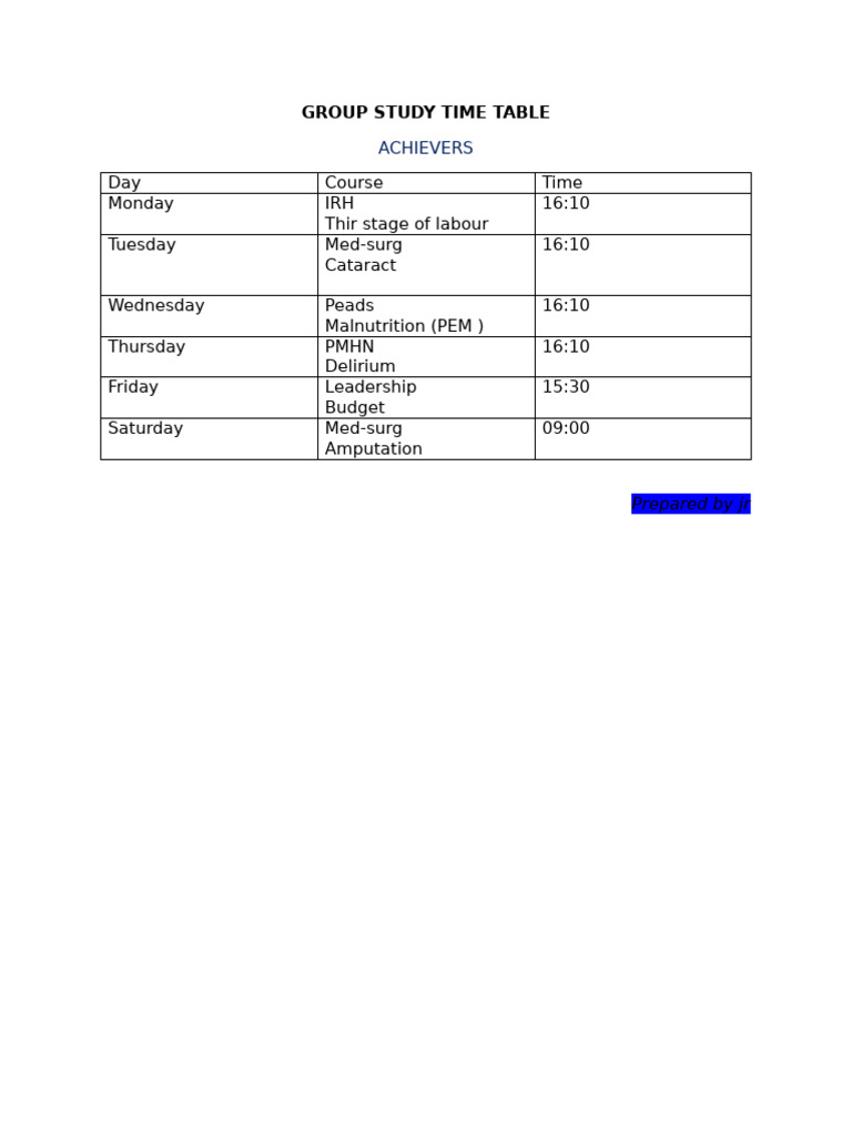 Weekly Group Study Schedule | PDF