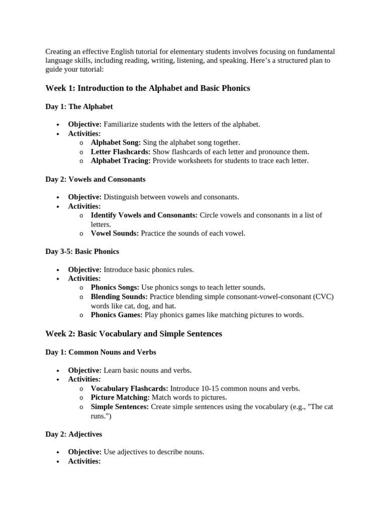 English Tutorial Plan for Elementary Students | PDF | Phonics | Reading ...