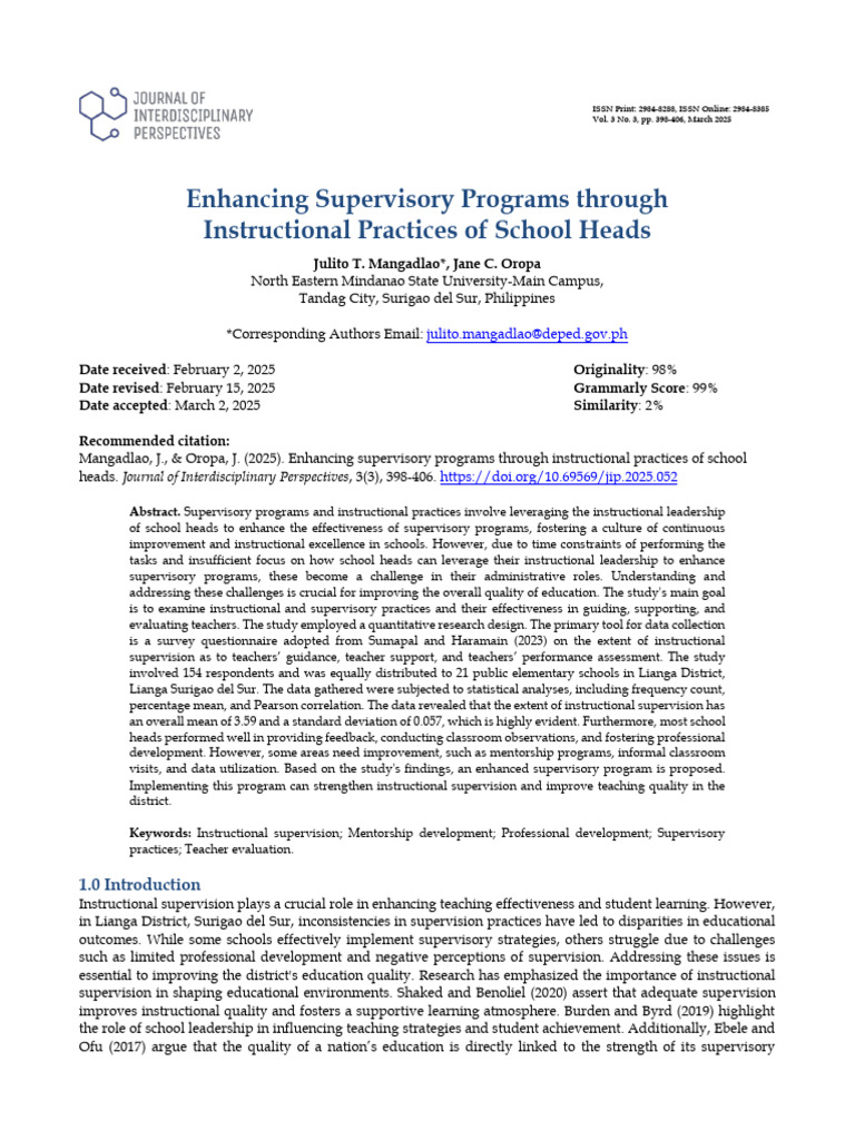 Enhancing Supervisory Programs in Schools | PDF | Survey Methodology ...