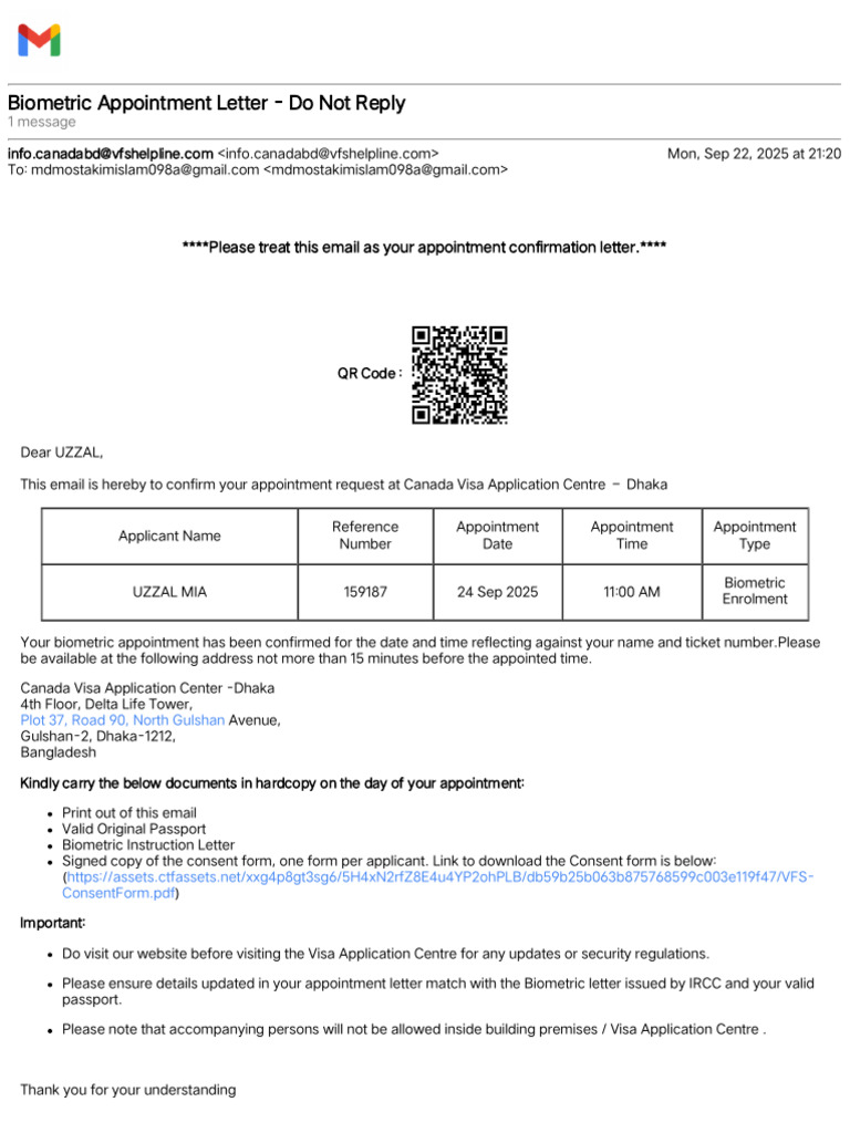Gmail - Biometric Appointment Letter - Do Not Reply | PDF | Travel Visa ...