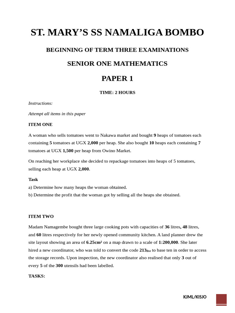 Senior One Mathematics Exam Paper | PDF | Area