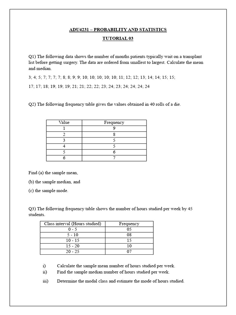 Probability and Statistics Tutorial 03 | PDF | Mean | Mode (Statistics)