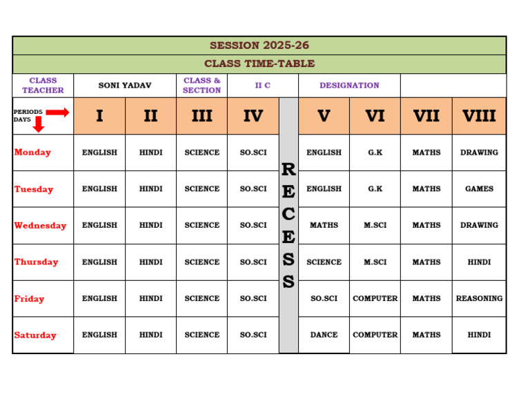 Class II C Time Table 2025-26 | PDF
