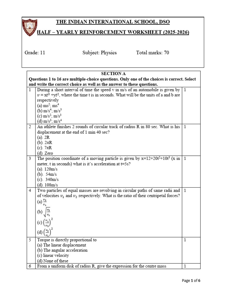 Grade 11 Physics Half-Yearly Exam Worksheet | PDF | Force | Acceleration