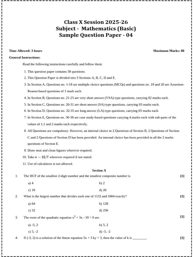 Class X Mathematics Sample Paper 2025 | PDF | Circle | Elementary ...