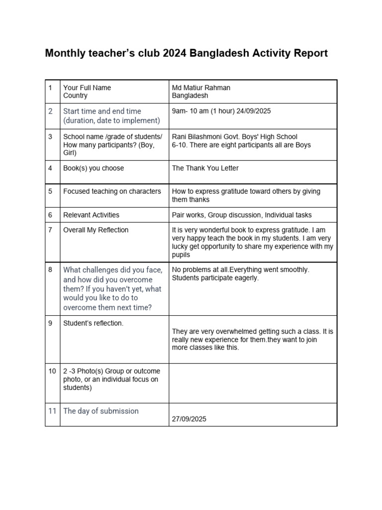 Monthly Teacher's Club Activity Report Form - Bangladesh-1 | PDF
