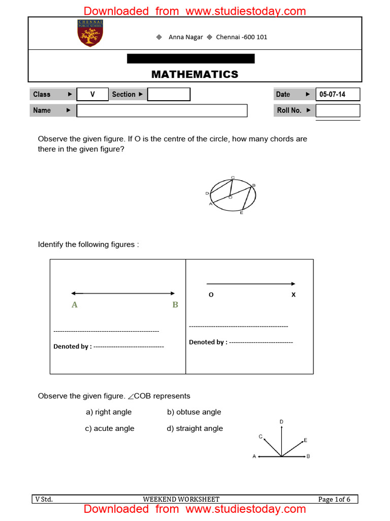 Weekend Math Worksheet for Class V | PDF | Elementary Geometry