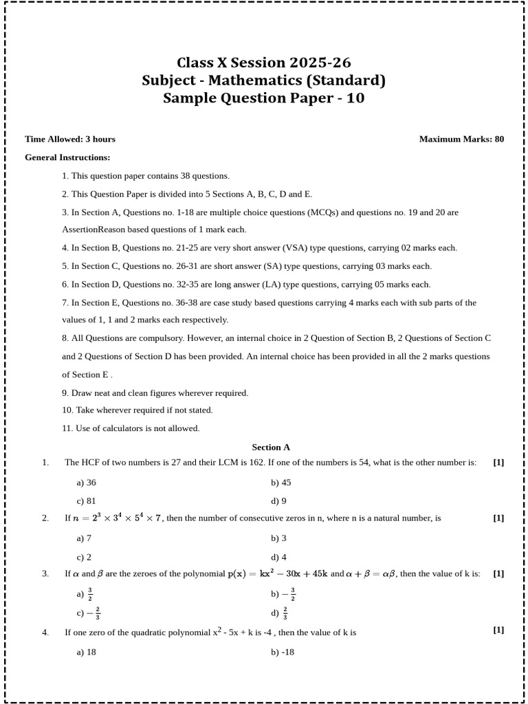 Class X Mathematics Sample Paper 2025-26 | PDF | Circle | Zero Of A ...