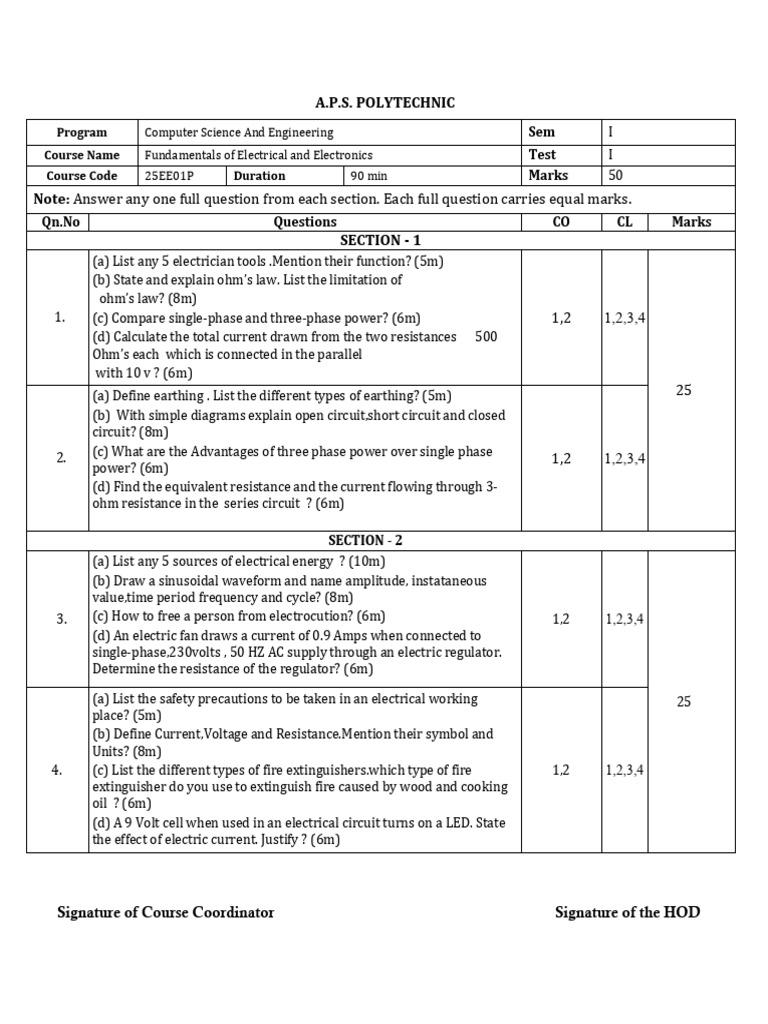 Electrical & Electronics Fundamentals Test | PDF | Electric Current ...