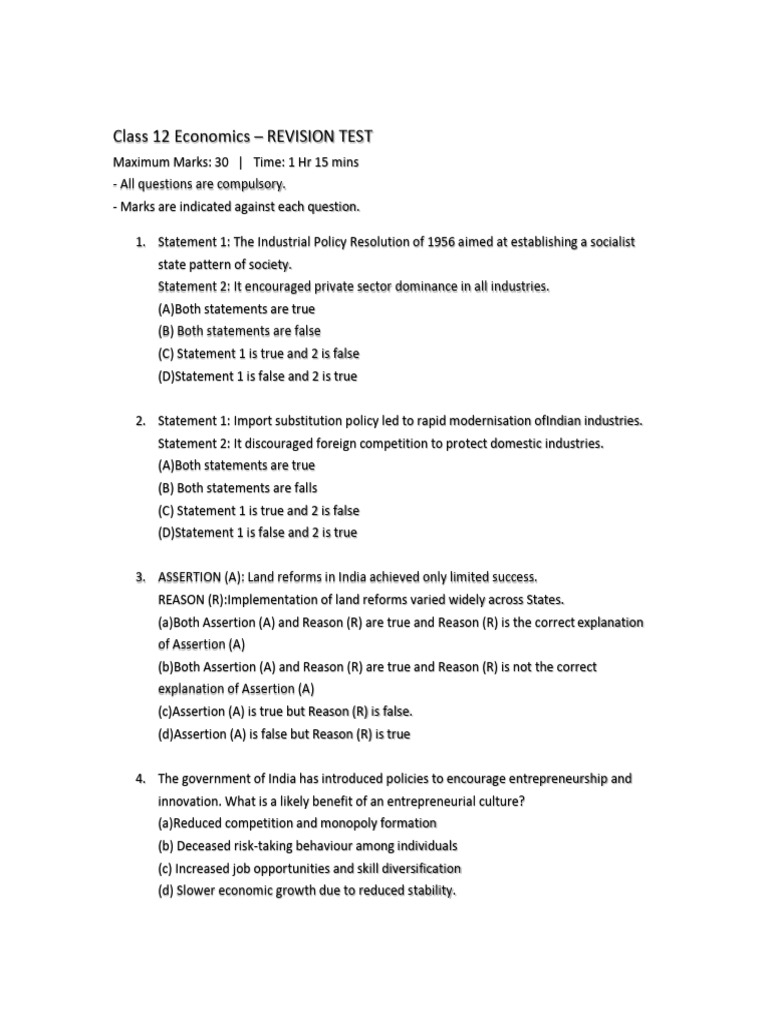 Class 12 Economics Revision Test Guide | PDF | Labour Economics | Exports