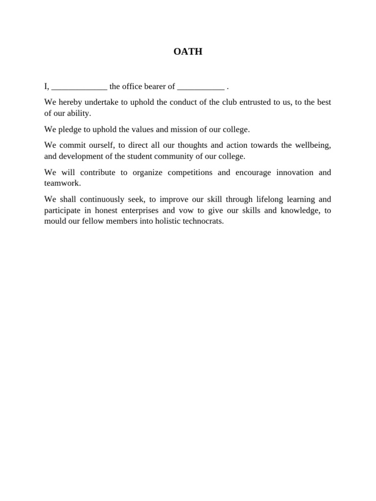 Club Office Bearer Oath Template | PDF