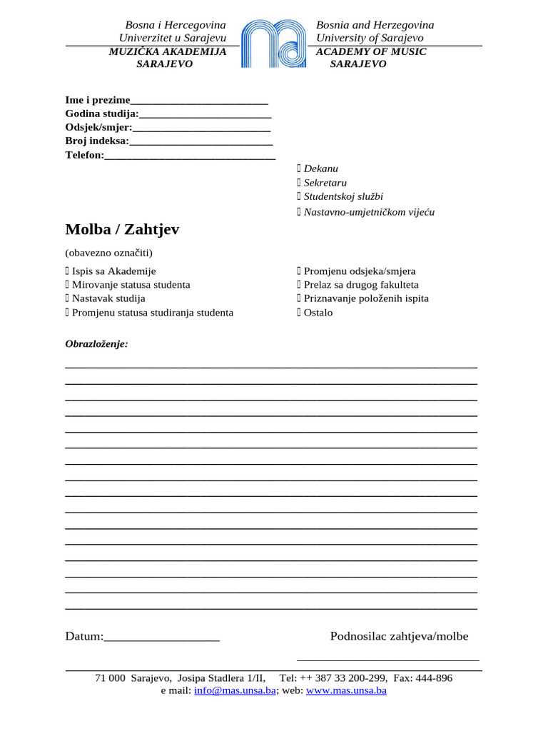 Zahtjev-Molba Akademija | PDF