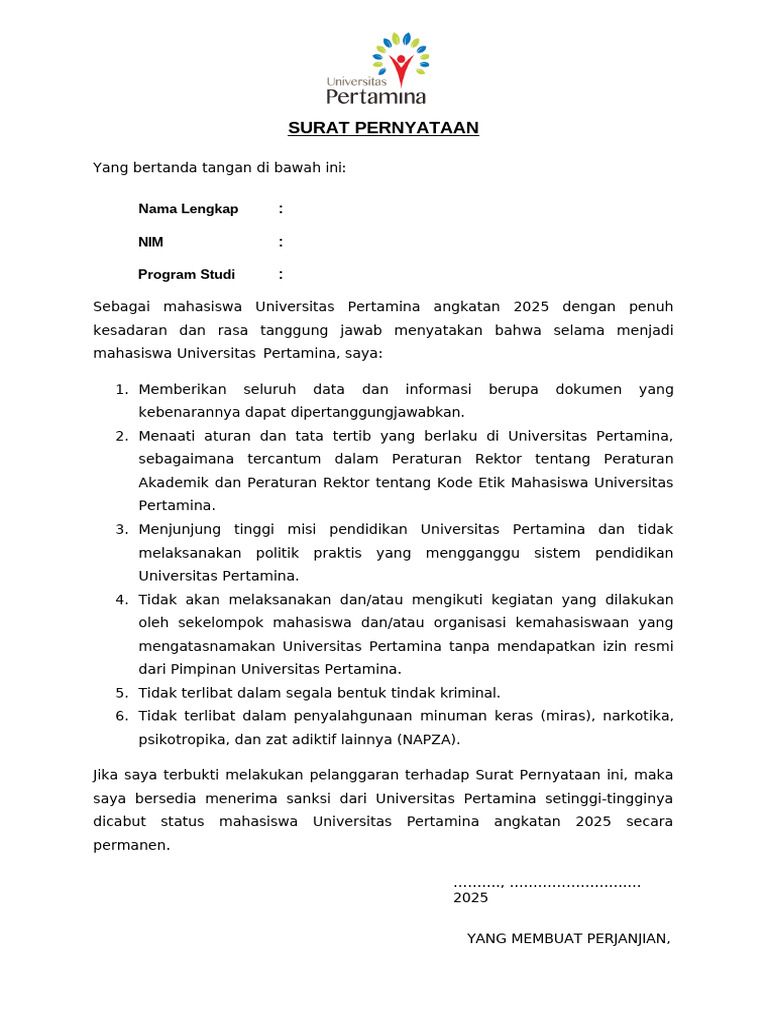 Surat Pernyataan Mahasiswa Universitas Pertamina | PDF
