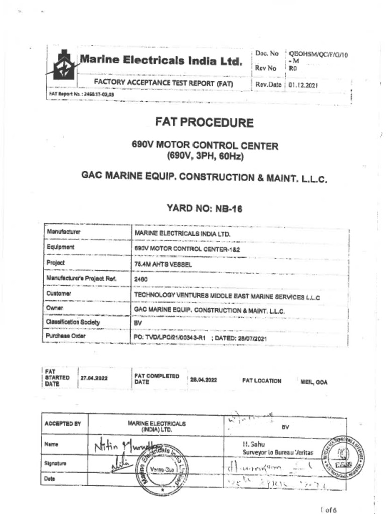 Test Report 690v Motor Control Center | PDF