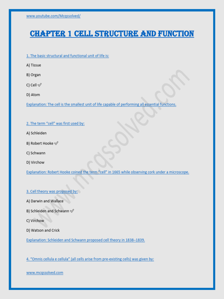 Cell Structure and Function Quiz | PDF | Cell (Biology) | Chloroplast