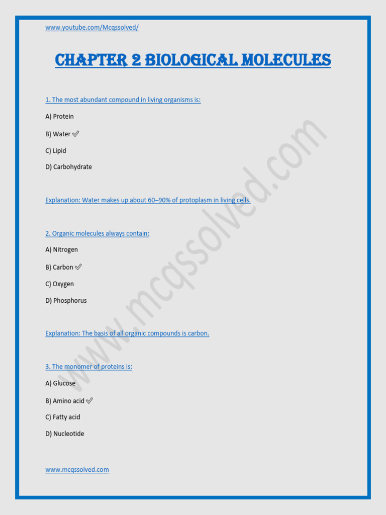 Biological Molecules MCQs and Answers | PDF | Nucleotides | Dna