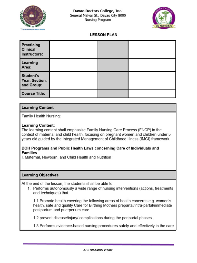Family Health Nursing Lesson Plan | PDF | Nursing | Childbirth