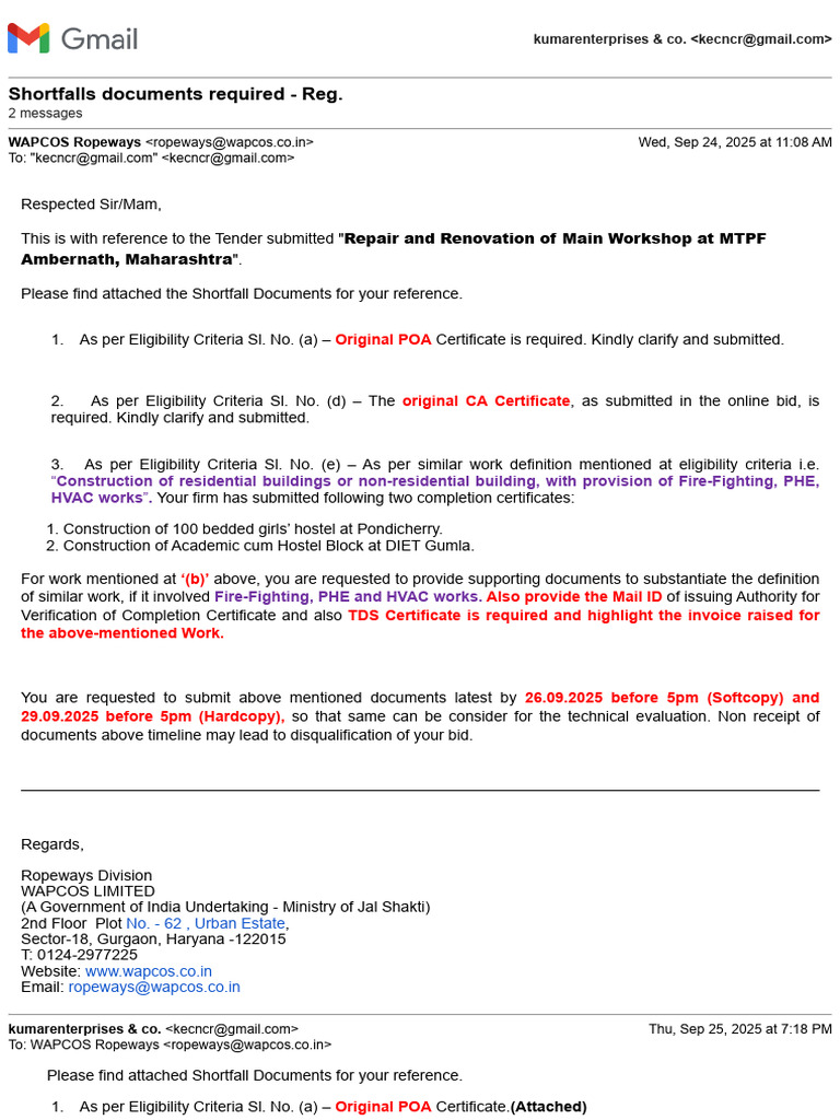 Shortfall Documents for Tender Submission | PDF