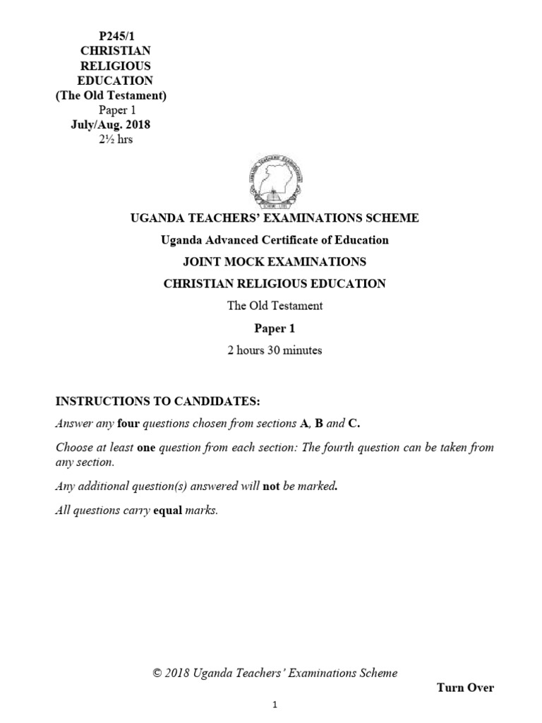 Uganda Teachers' Examinations Scheme Joint Mock Examinations Christian ...