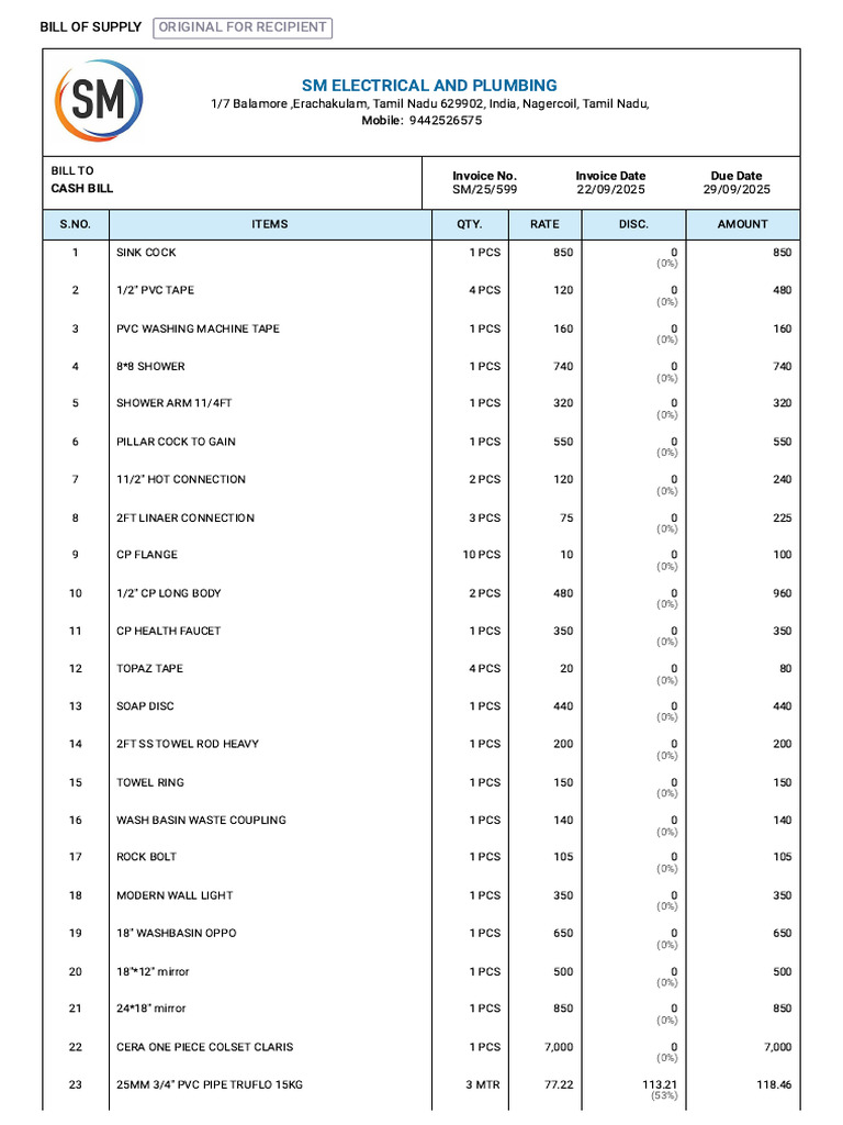 SM Electrical and Plumbing Invoice Details | PDF | Equipment | Building ...