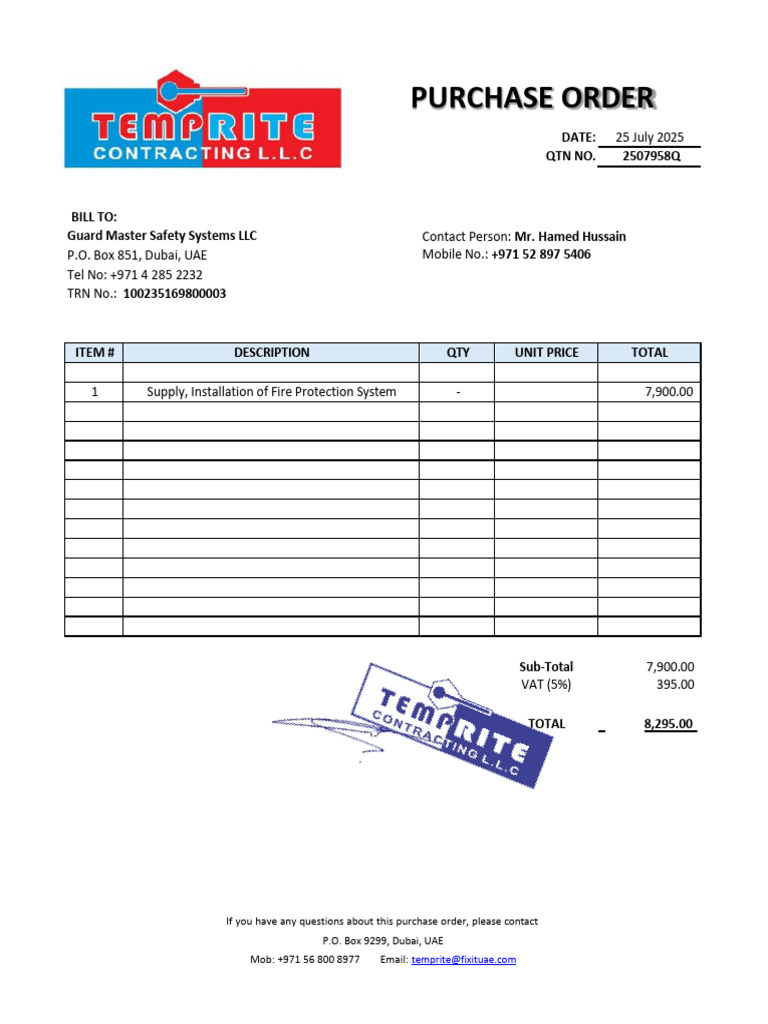 Fire Protection System Purchase Order | PDF