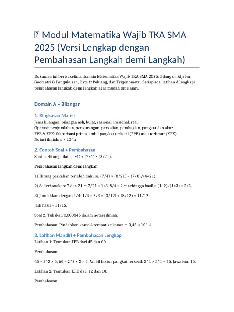 Modul TKA Matematika SMA 2025 Lengkap | PDF