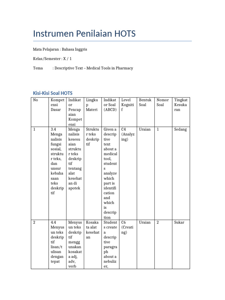 HOTS Assessment for Medical Tools | PDF | Linguistics | Syntax
