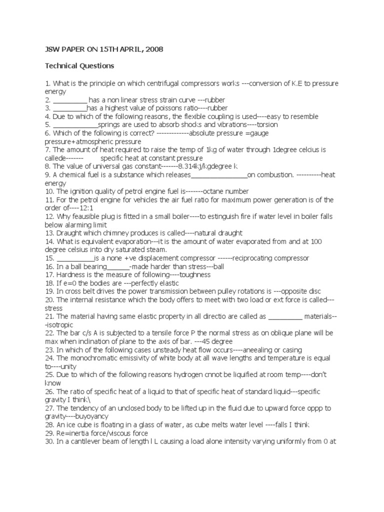 JSW Mechanical Engineering Exam Questions | PDF | Boiler | Heat