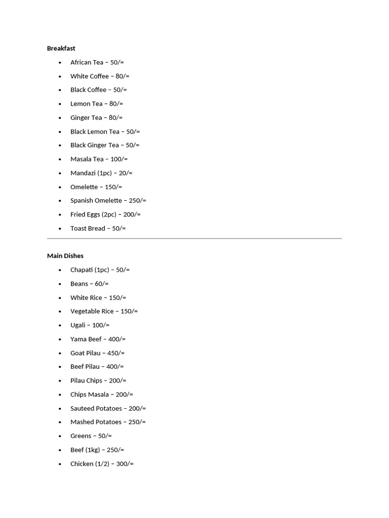Breakfast and Main Dishes Menu | PDF