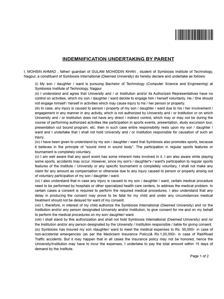 Indemnification Undertaking by Parent | PDF | Accidents | Common Law