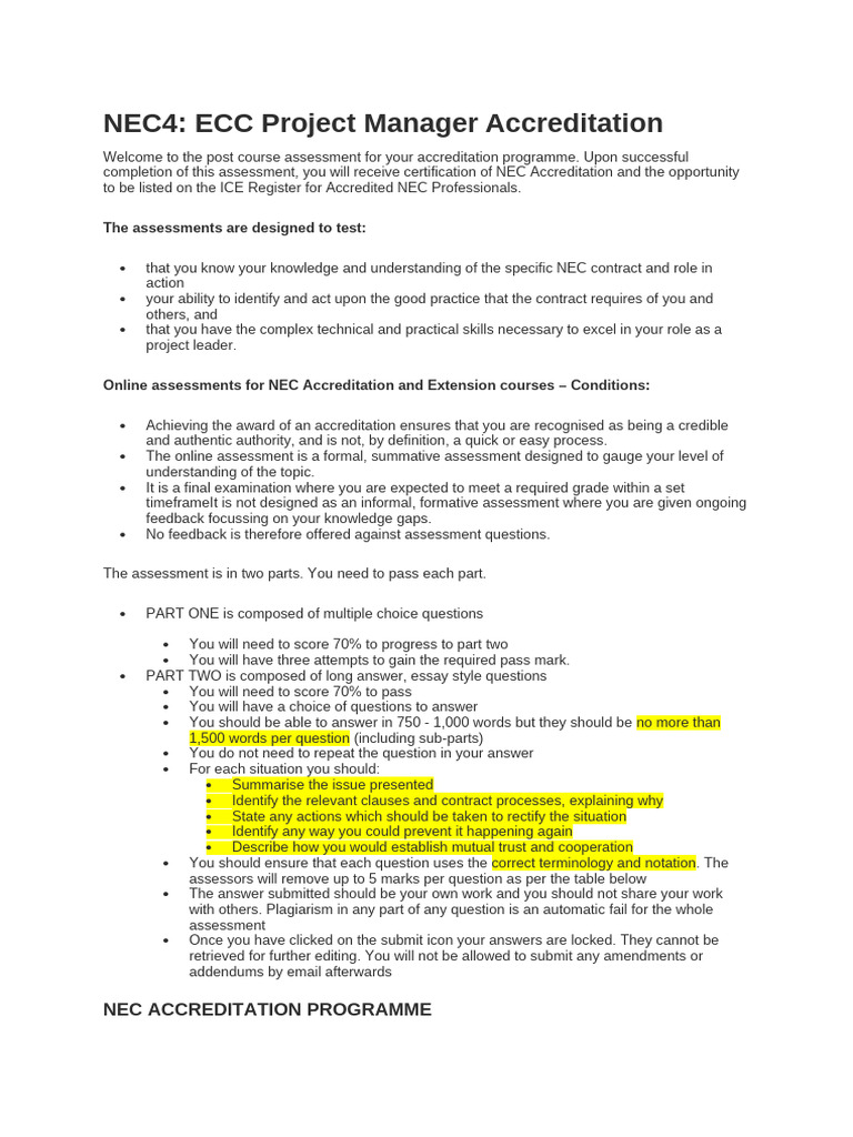 NEC4 ECC Project Manager Assessment Guide | PDF | Educational ...
