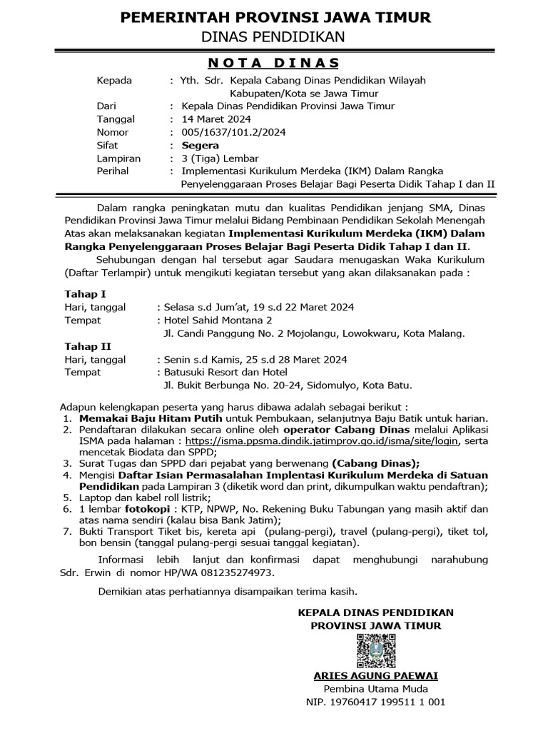 Nota Dinas Undangan Implementasi Kurikulum Merdeka 2024 Tahap I Dan II ...