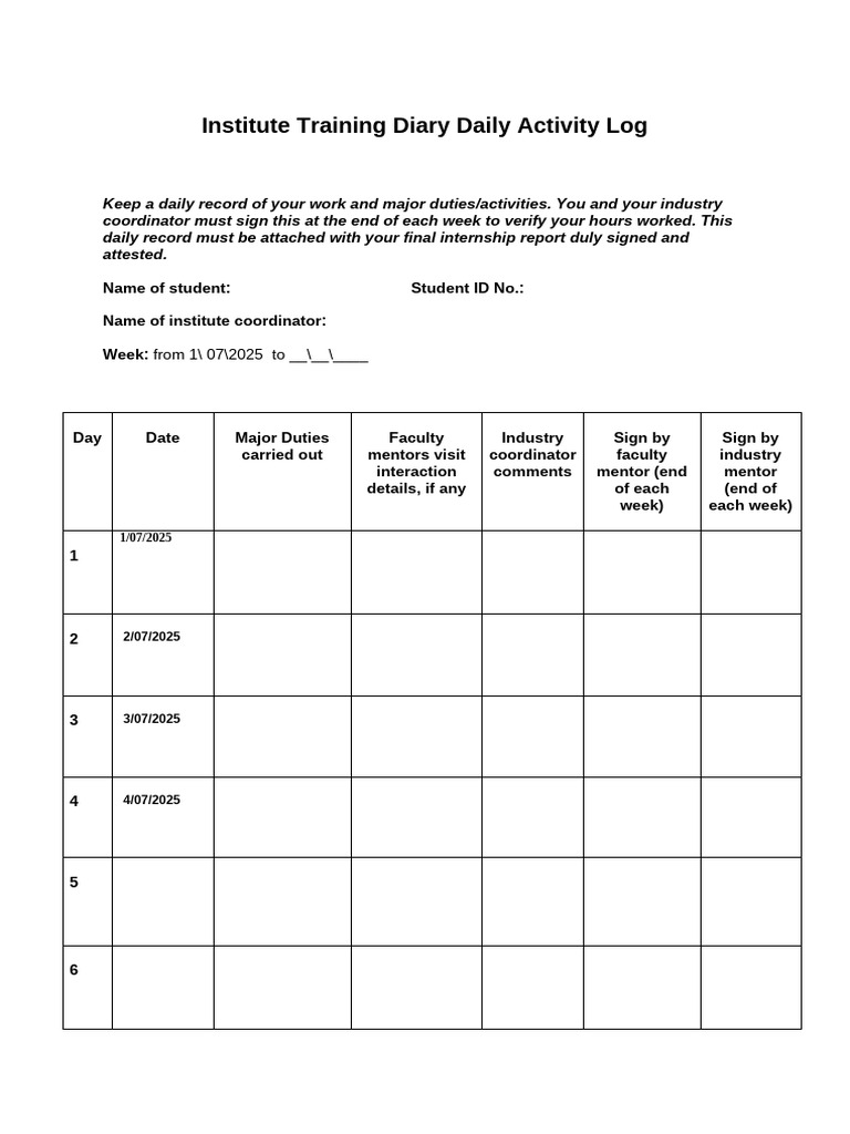 Institute Training Diary Daily Activity Log | PDF