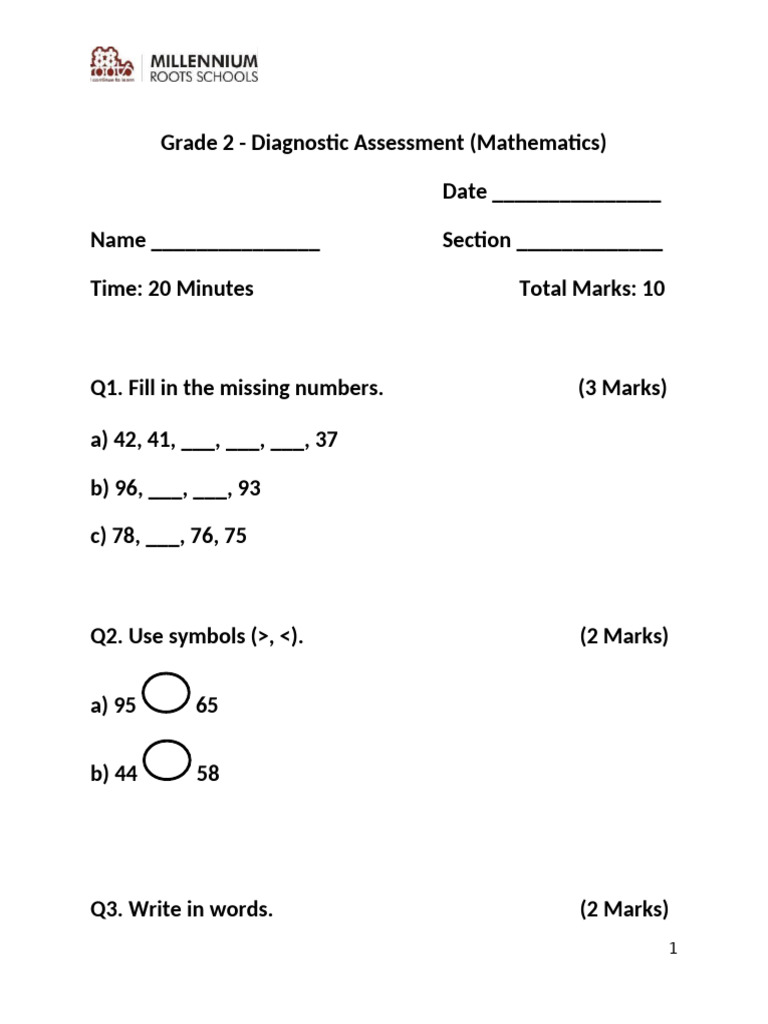Grade 2 Mathematics Diagnostic Test | PDF