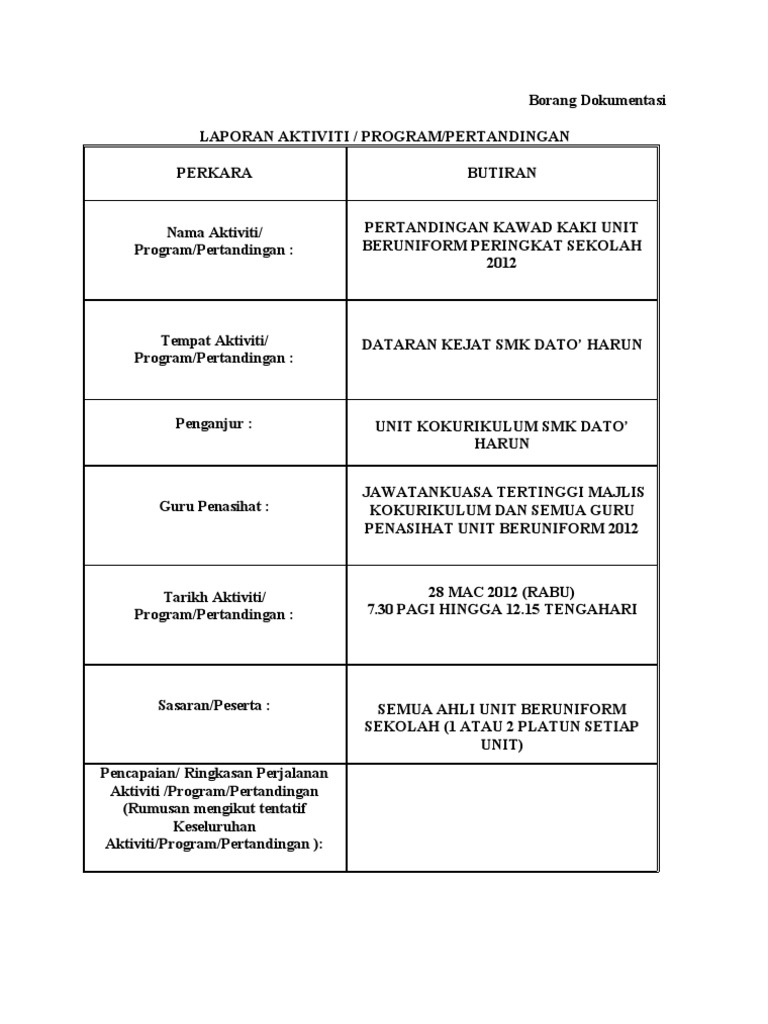 Contoh Borang Dokumentasi