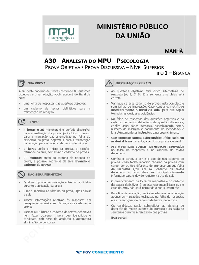 Prova Analista MPU Psicologia - Instruções | PDF | Constituição ...