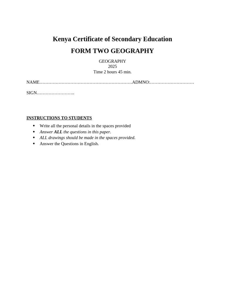 Kenya Form Two Geography Exam 2025 | PDF | Eclipse | Earth Sciences