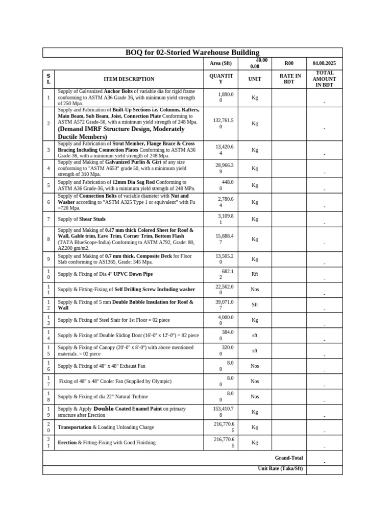 BOQ for 2-Story Warehouse Construction | PDF | Framing (Construction ...