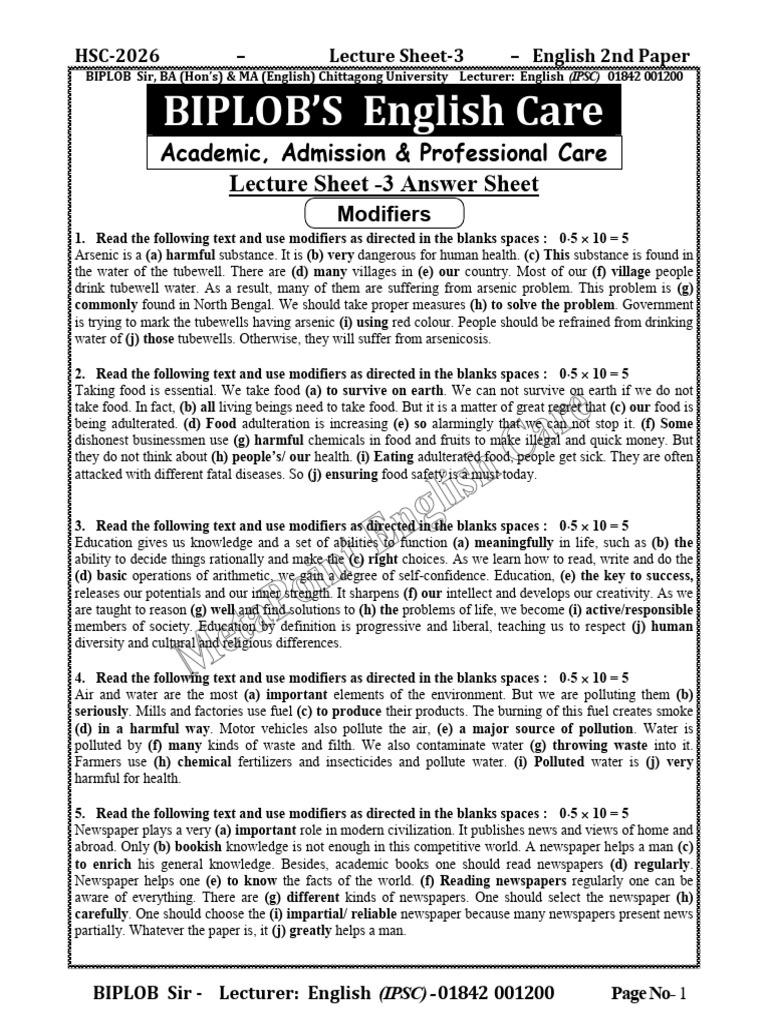 Lecture Sheet - 3 Answer Sheet HSC 2026 English 2nd Paper | PDF ...
