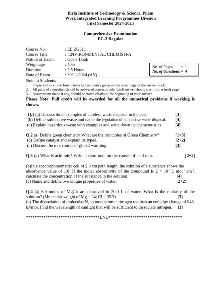 Ee Zg511 Ec-3r First Sem 2024-2025 | PDF | Mole (Unit) | Chemistry