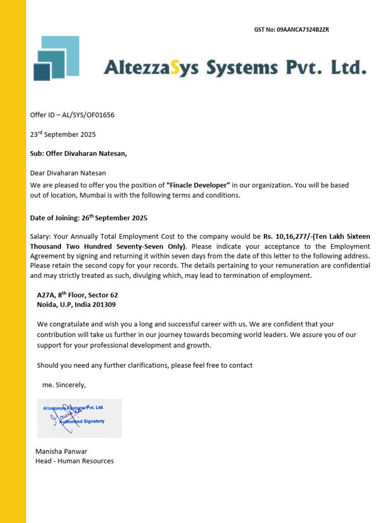 Finacle Developer Job Offer Letter | PDF | Salary | Employment
