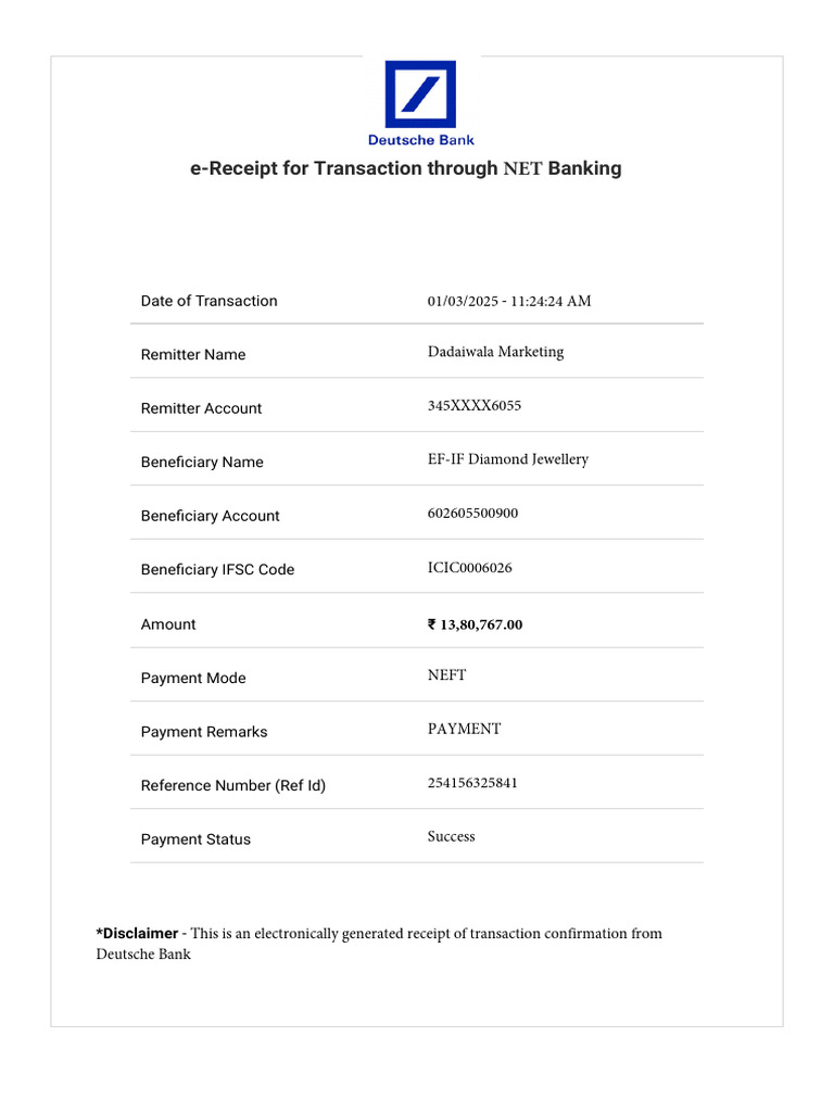 NEFT Payment Receipt for Dadaiwala Marketing | PDF