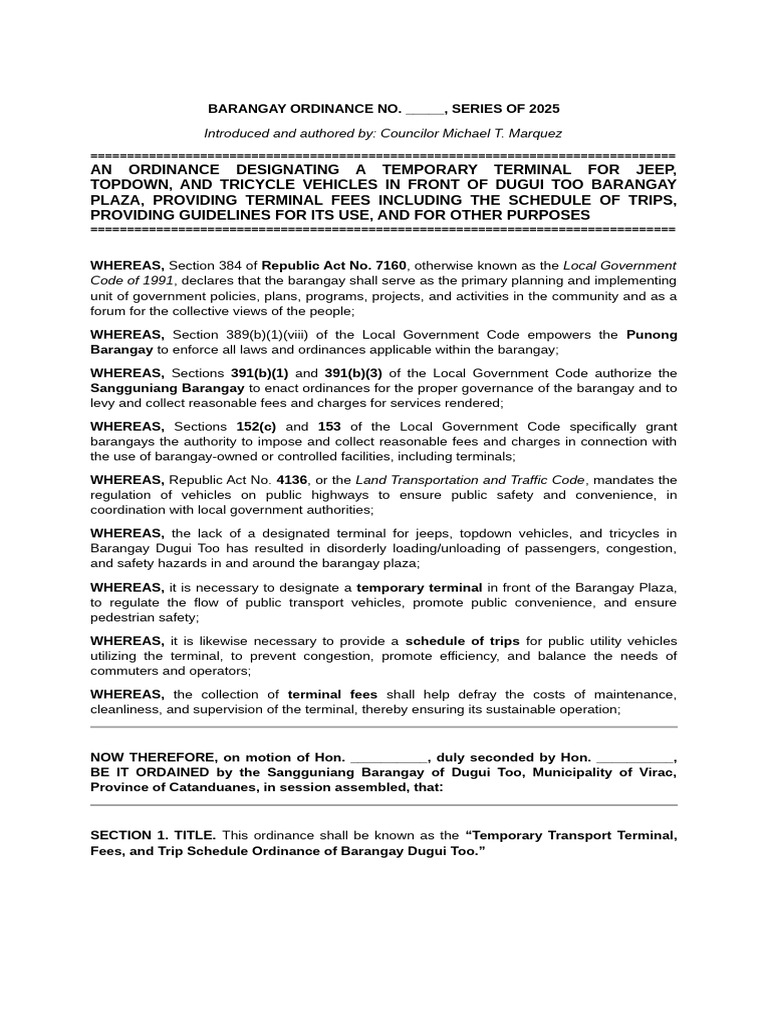 Temporary Terminal Ordinance for Dugui Too | PDF | Local Ordinance ...