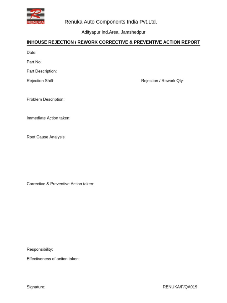 Inhouse Rejection Report Template | PDF